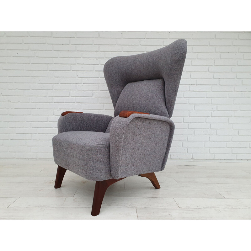 Vintage grey blue fabric and teak armchair, 1960s