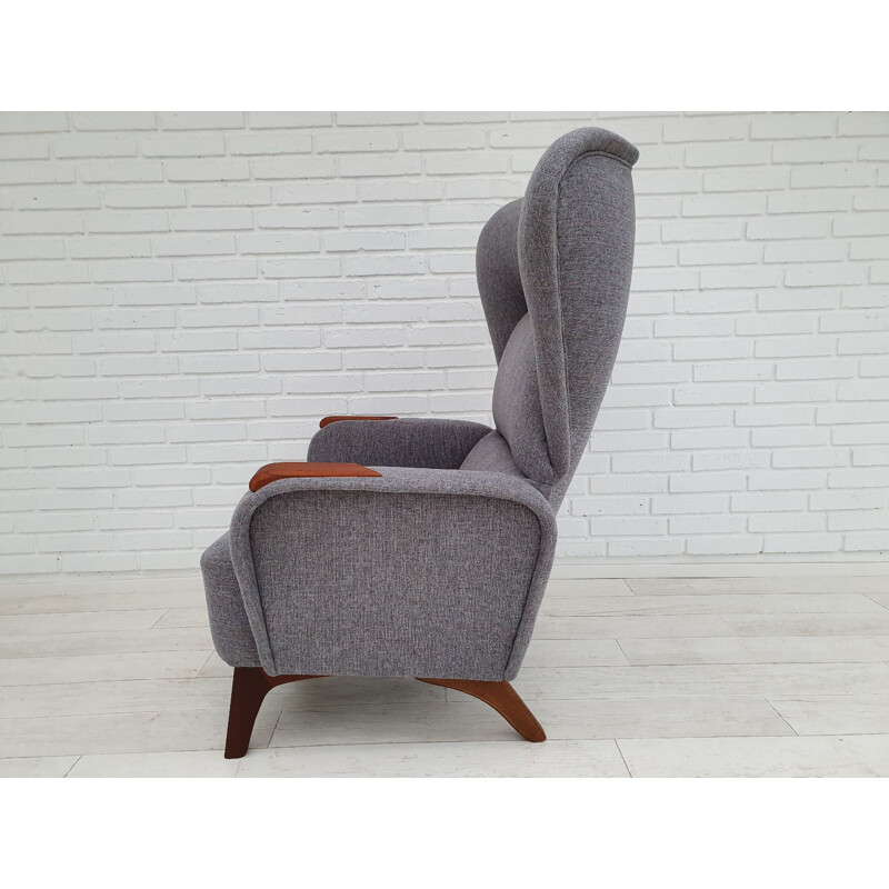 Vintage grey blue fabric and teak armchair, 1960s