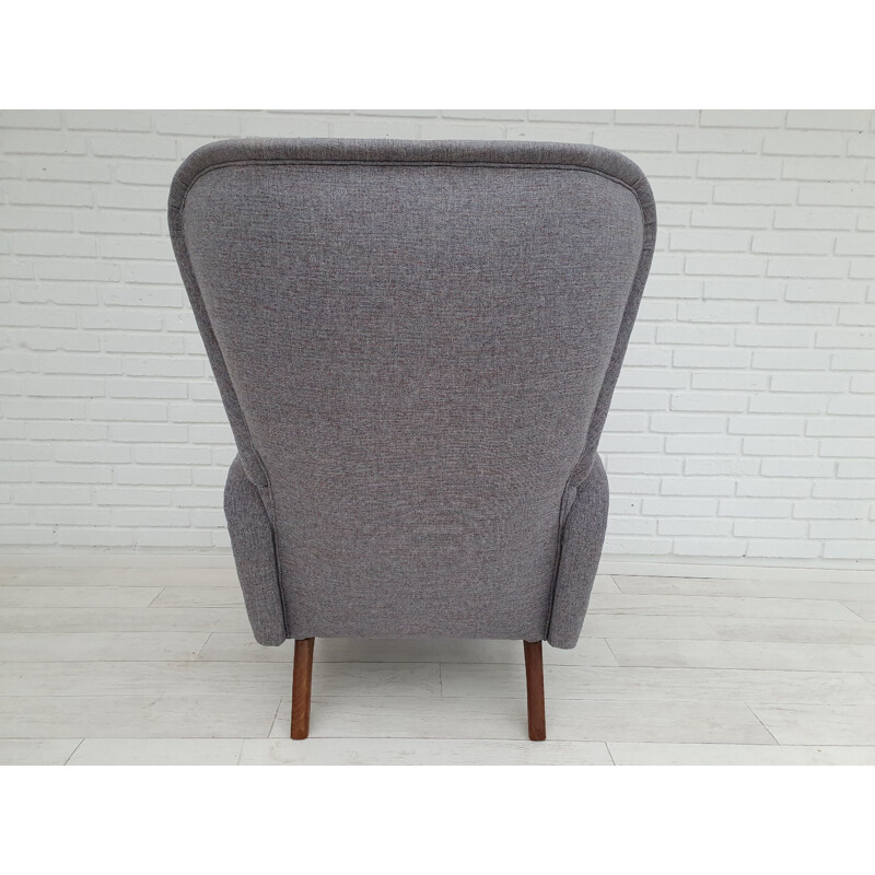 Vintage grey blue fabric and teak armchair, 1960s