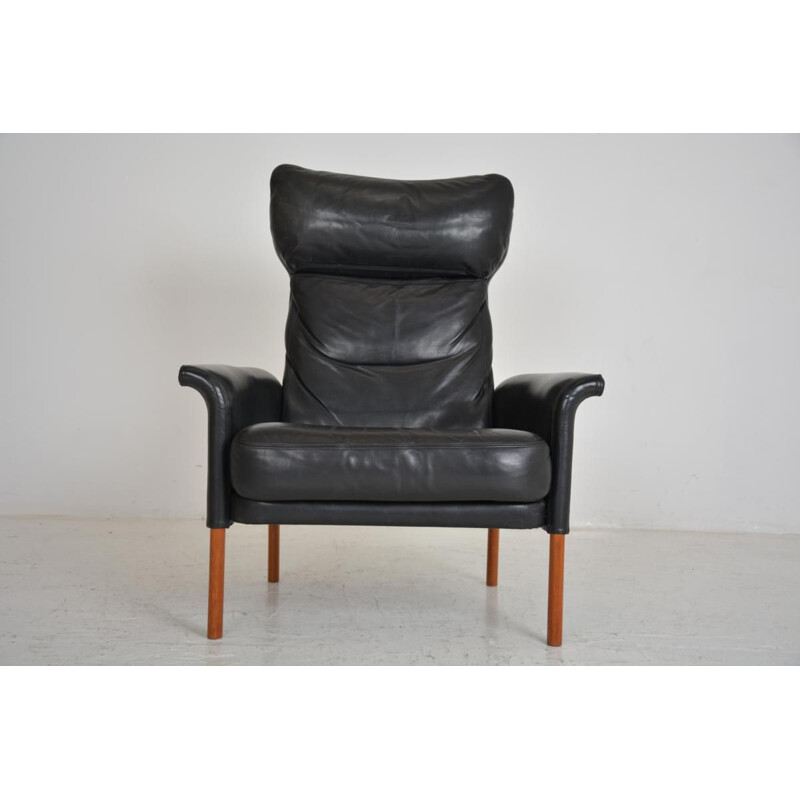 Fauteuil vintage en cuir et teck, Danemark, 1960