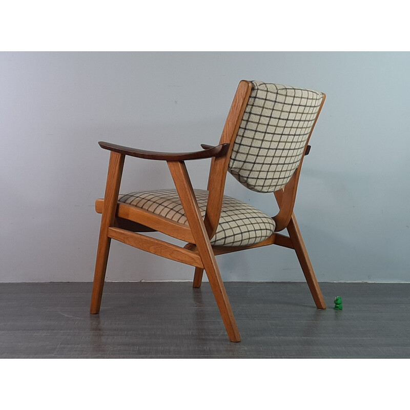 Vintage Oak and Wool Tile Fabric Armchair, Denmark, 1950s
