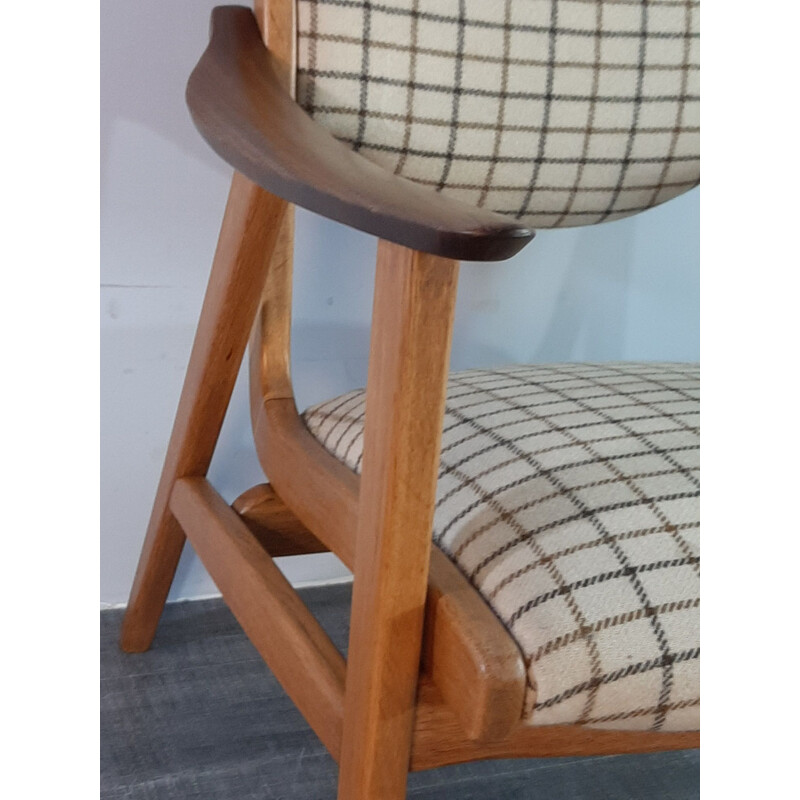 Vintage Oak and Wool Tile Fabric Armchair, Denmark, 1950s