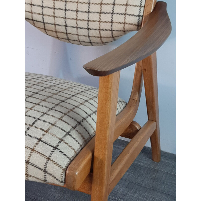 Vintage Oak and Wool Tile Fabric Armchair, Denmark, 1950s
