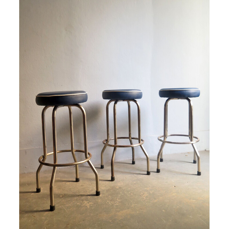 Vintage stool in metal and blue leatherette, 1950s