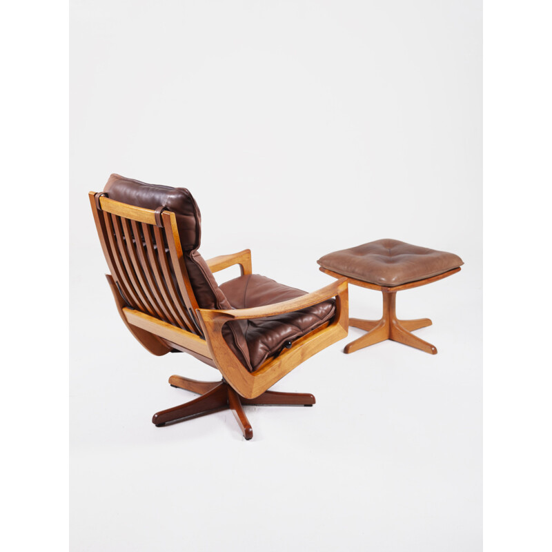 Set of 2 vintage Teak and Leather Swivel Chair and Ottoman, 1970s