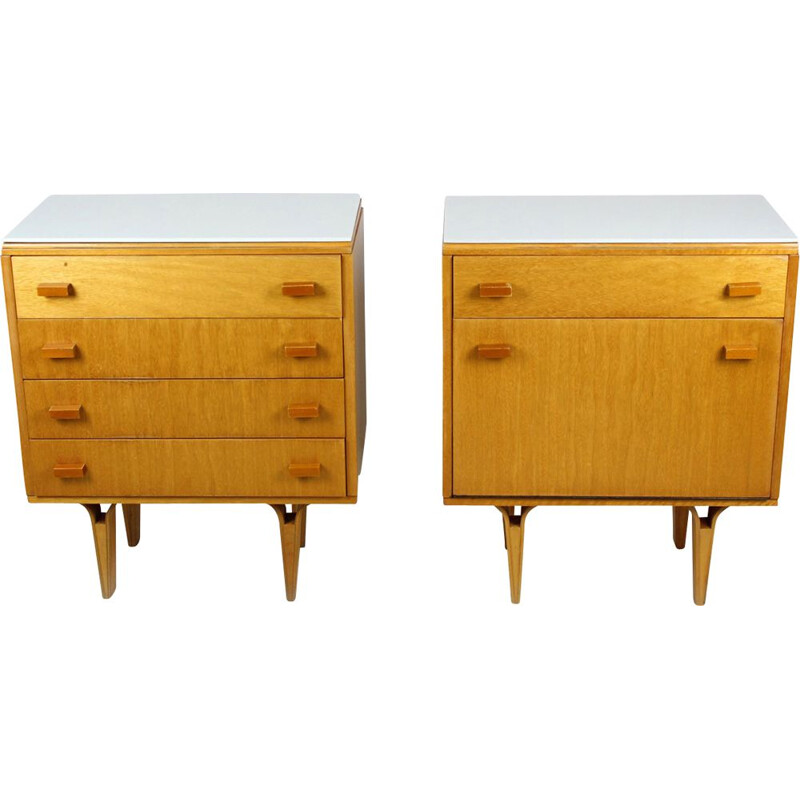 Set of 2 vintage White Glass and Plywood Nightstands from Novy Domov NP, 1970s