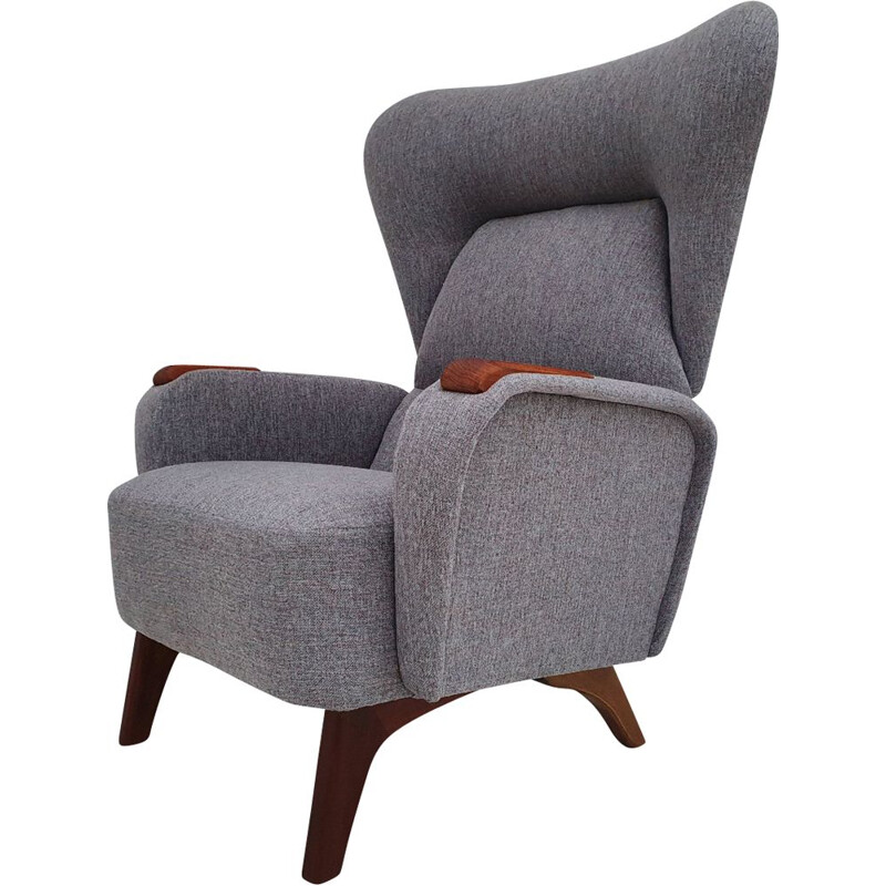 Vintage grey blue fabric and teak armchair, 1960s