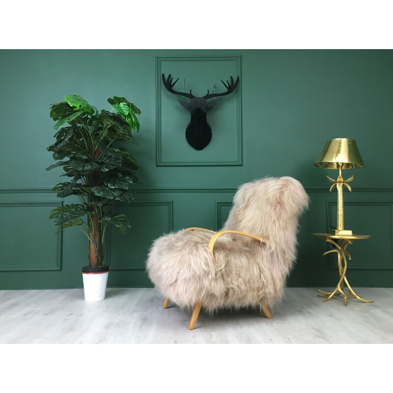 Vintage Retro Sheepskin and Bentwood Armchair