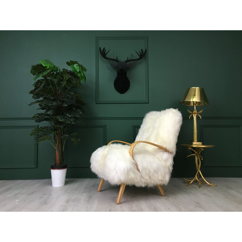 Vintage Retro White Sheepskin and Bentwood Armchair