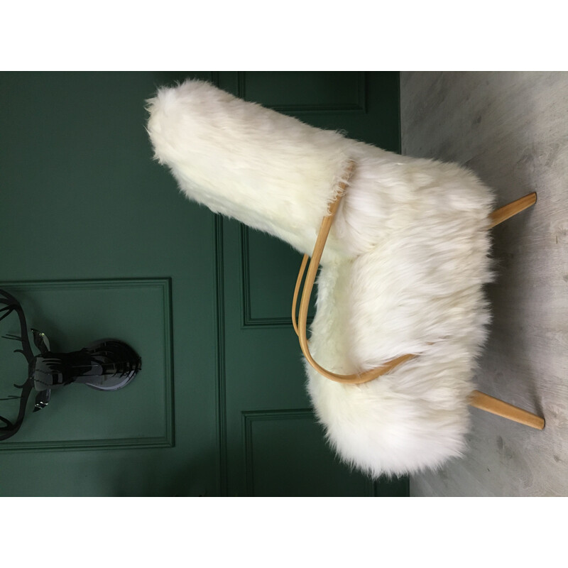 Vintage Retro White Sheepskin and Bentwood Armchair