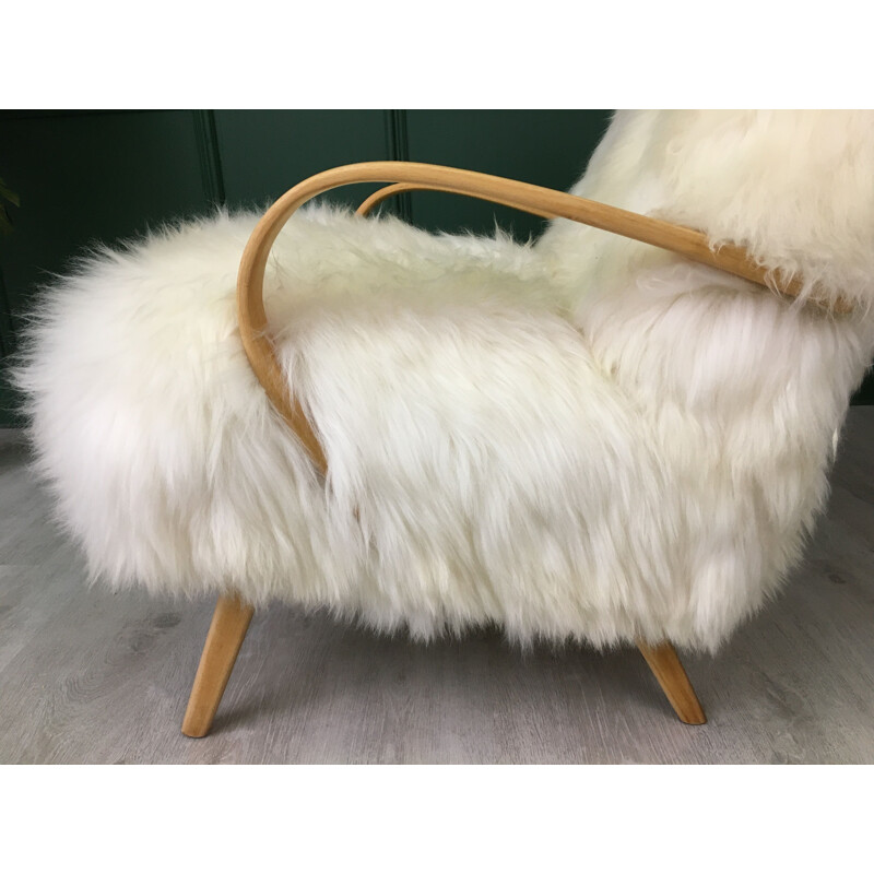 Vintage Retro White Sheepskin and Bentwood Armchair