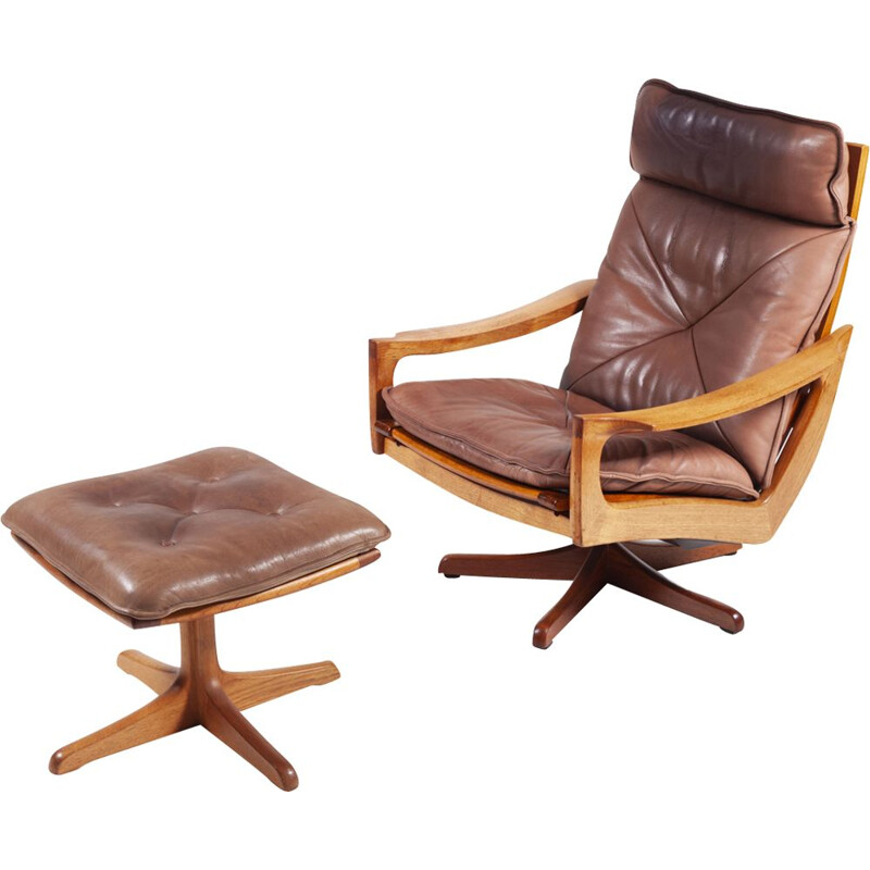 Ensemble de 2 fauteuils pivotants et pouf en teck et cuir vintage, 1970