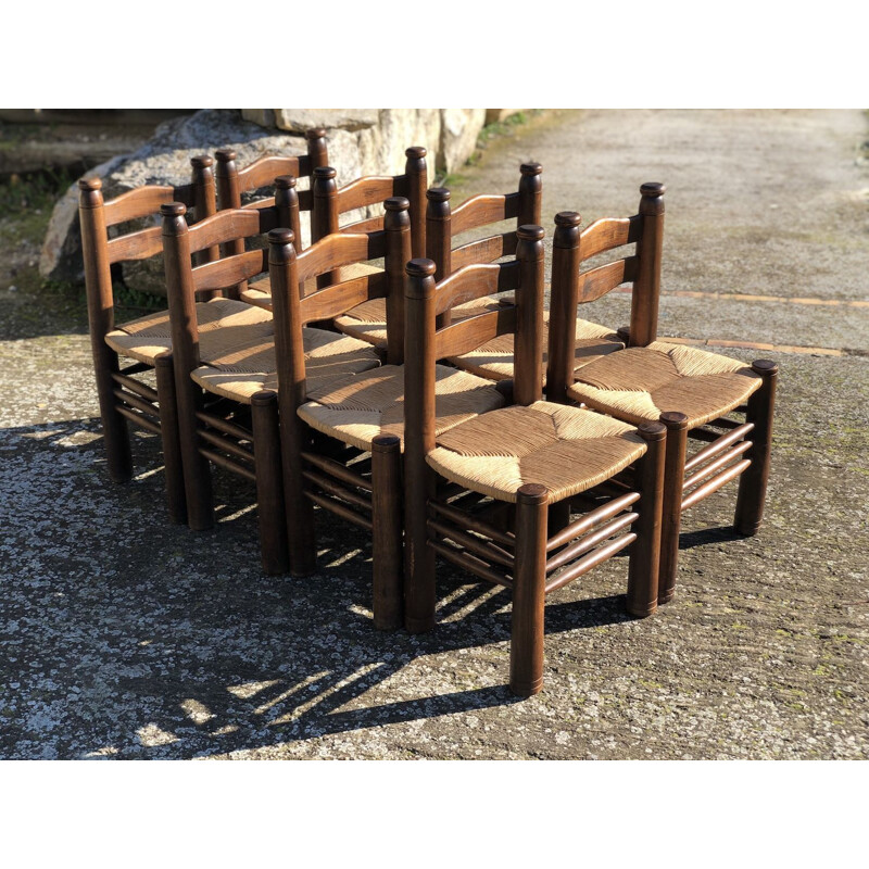 Suite of 8 vintage solid oak chairs by Charles Dudouyt, 1940s