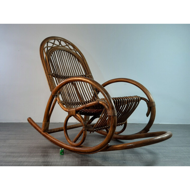 Vintage bamboo and folded wood rocking chair, Germany, 1950s