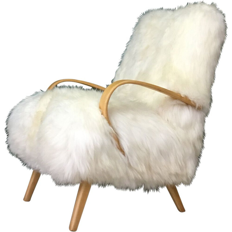 Vintage Retro White Sheepskin and Bentwood Armchair