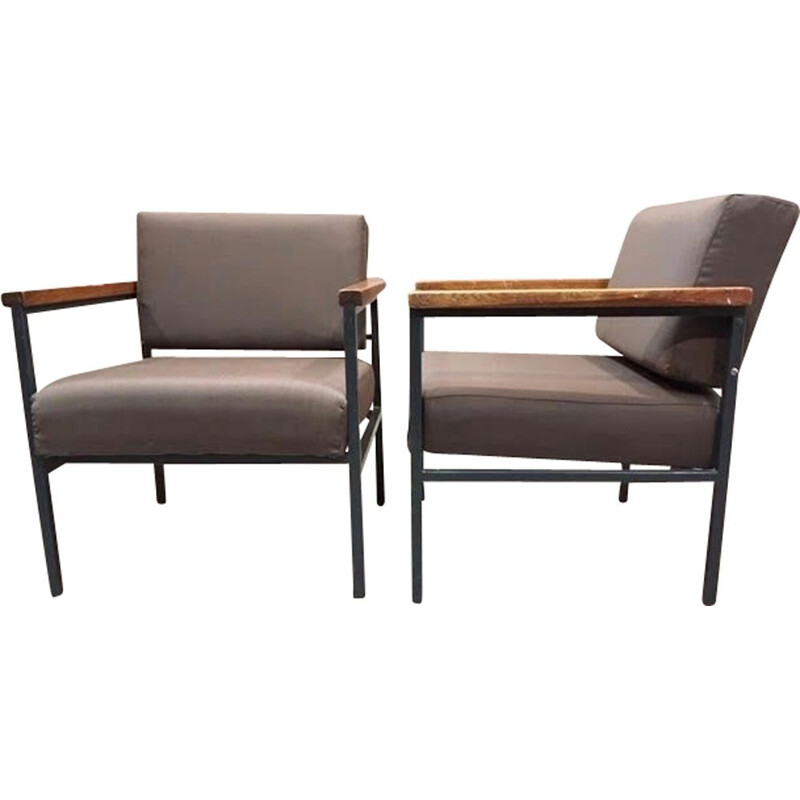 Pair of vintage industrial metal and teak armchairs, 1950