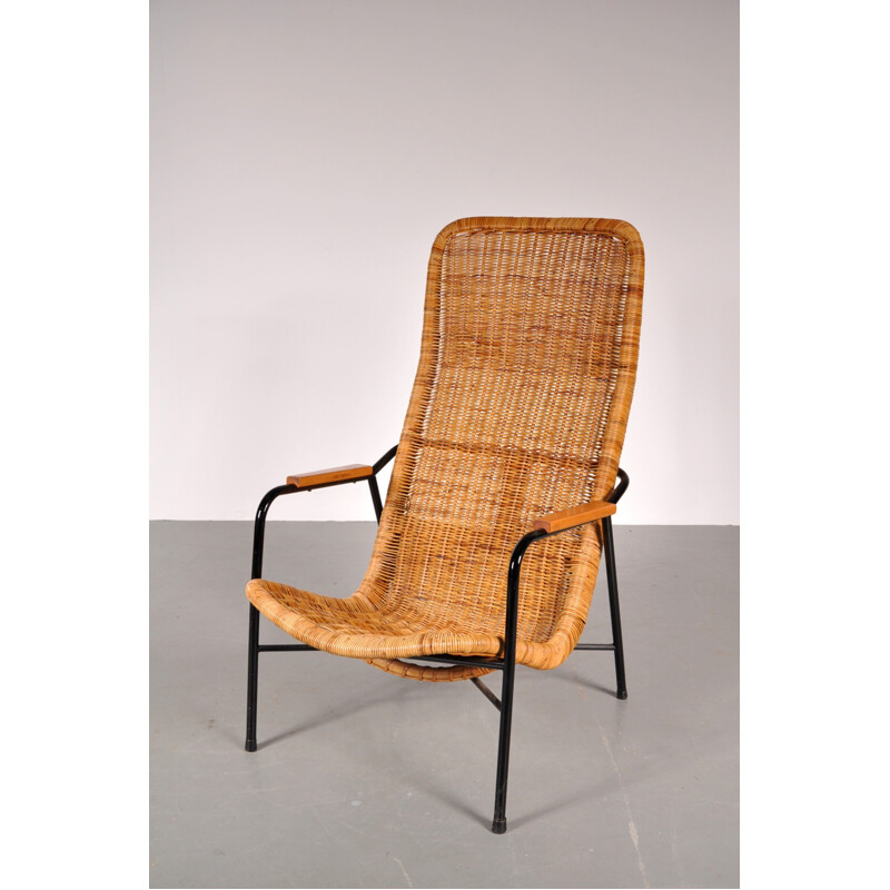 Vintage easy chair in wicker, metal and leather, Dirk van SLIEDREGT - 1950s