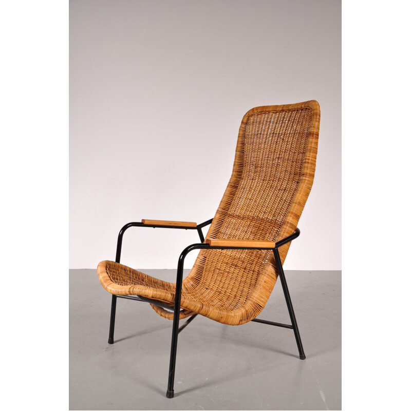 Vintage easy chair in wicker, metal and leather, Dirk van SLIEDREGT - 1950s