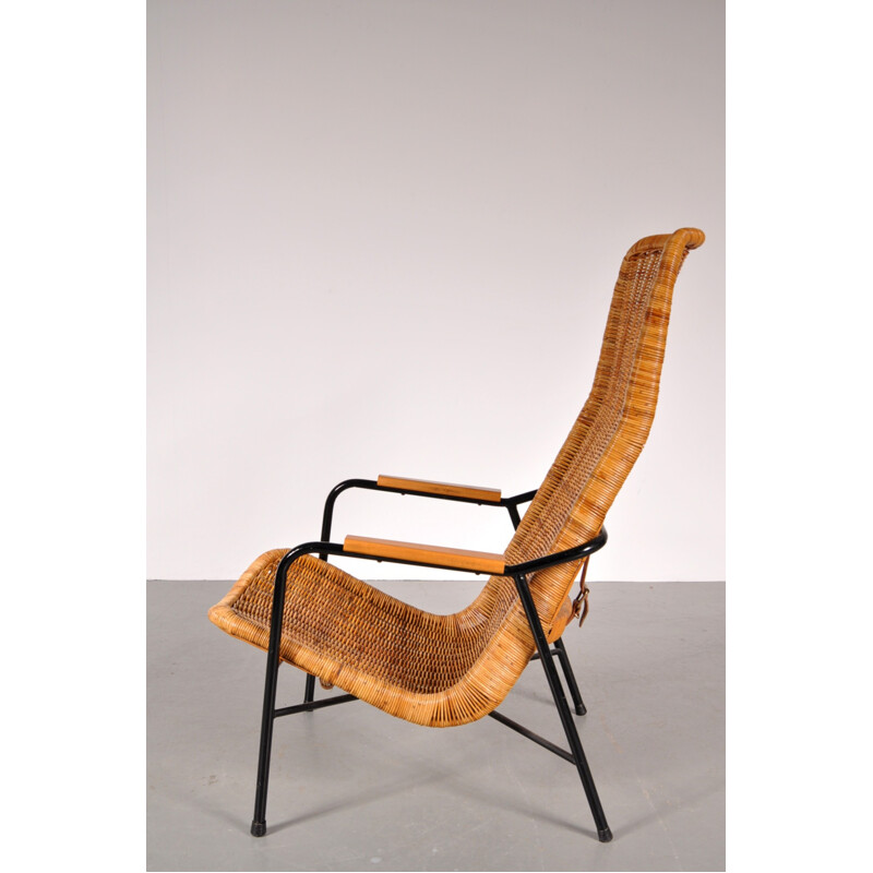 Vintage easy chair in wicker, metal and leather, Dirk van SLIEDREGT - 1950s