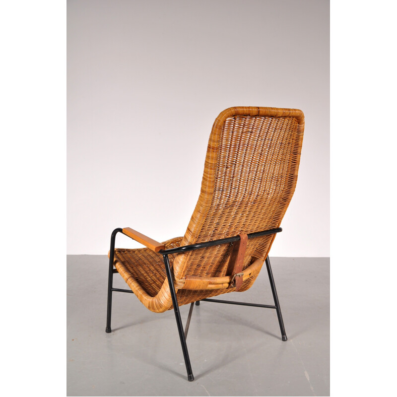 Vintage easy chair in wicker, metal and leather, Dirk van SLIEDREGT - 1950s