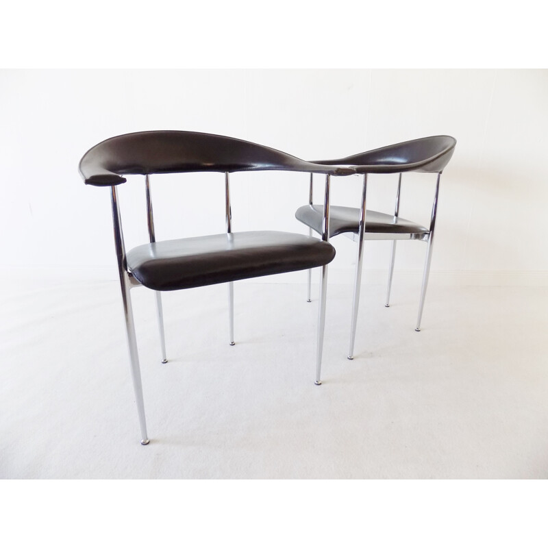 Set of 2 Vintage P40 black leather dining chairs by Giancarlo Vegnio from Fasem, 1980s