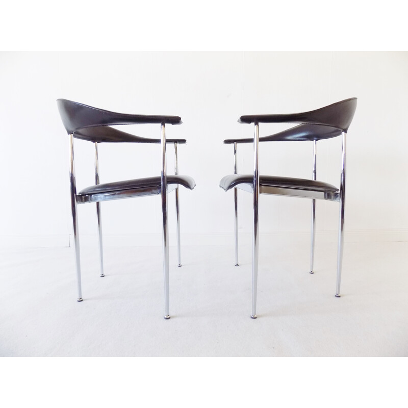 Set of 2 Vintage P40 black leather dining chairs by Giancarlo Vegnio from Fasem, 1980s