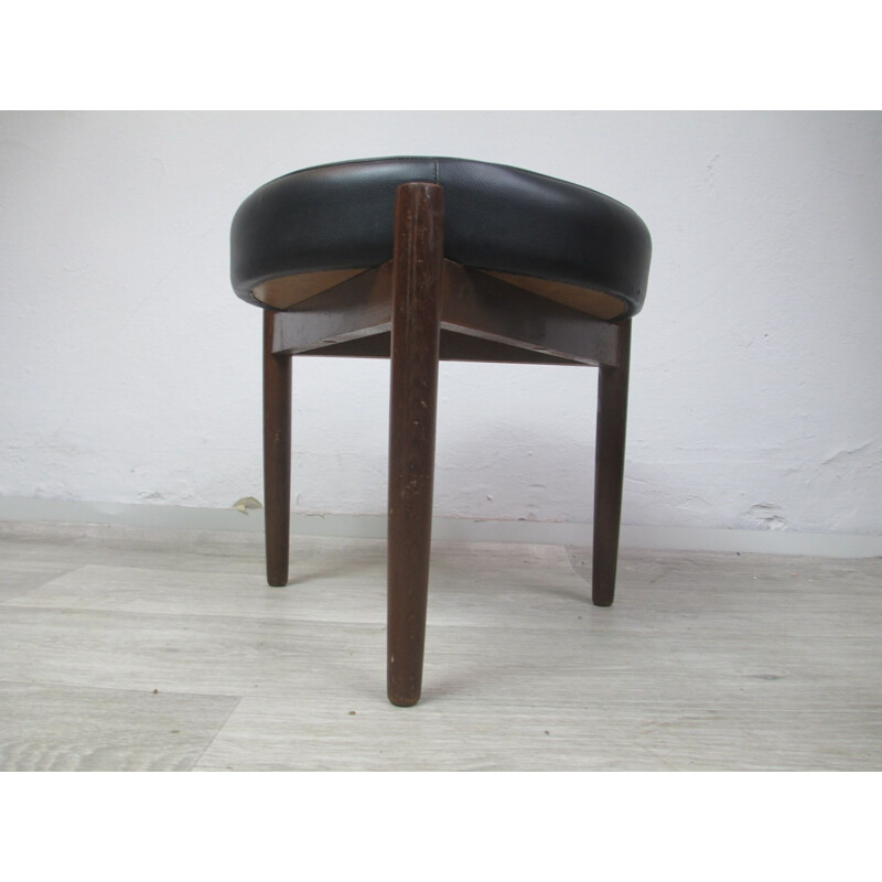 Vintage wood and leather pouf, 1970s