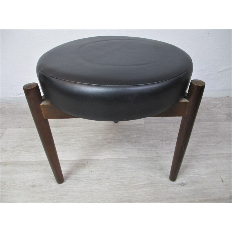 Vintage wood and leather pouf, 1970s