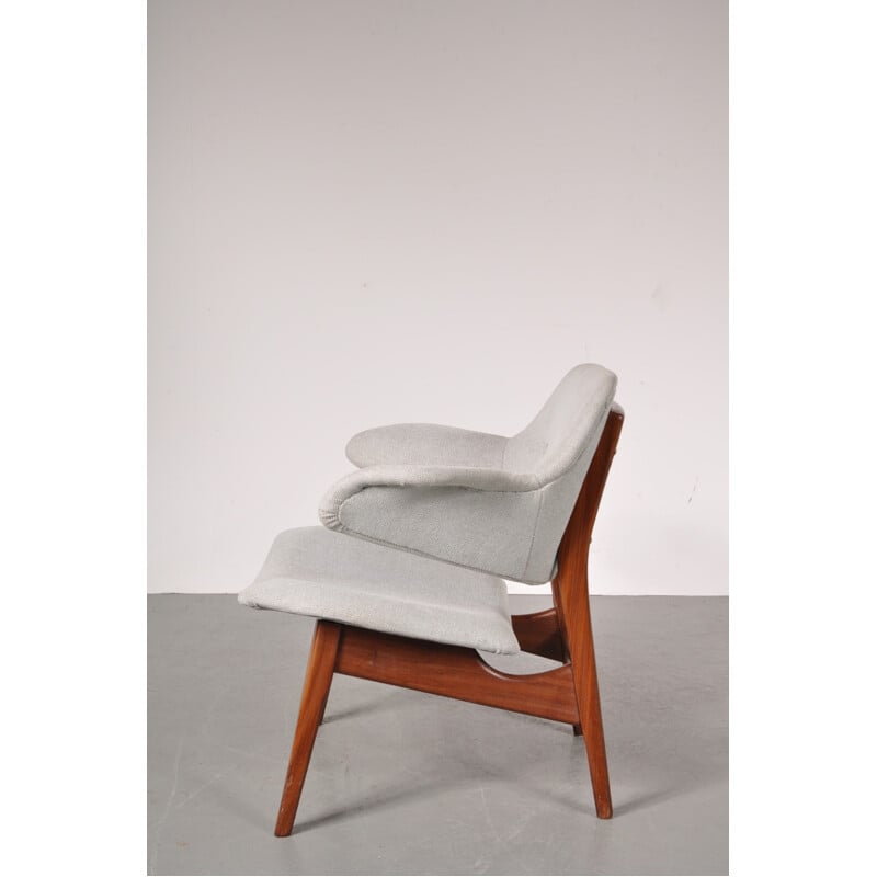 Fauteuil vintage en teck et tissu gris, Louis Van TEEFFELEN - 1950