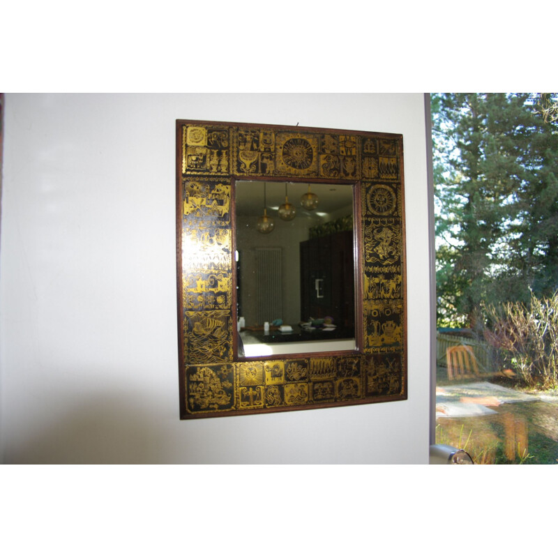 Vintage brass mirror silkscreened on wood, 1960s