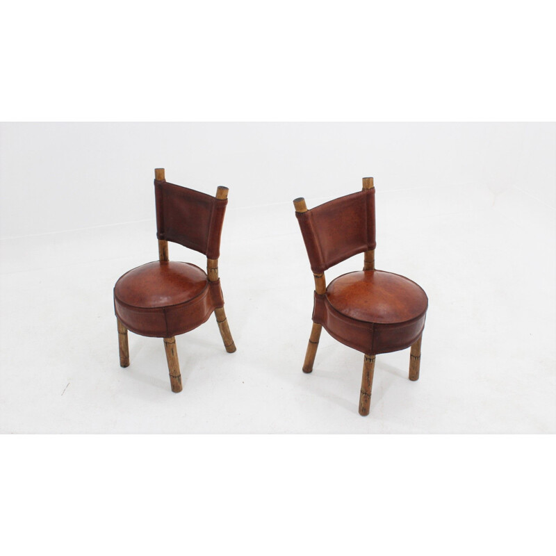 Set of 2 Vintage leather and rattan chairs