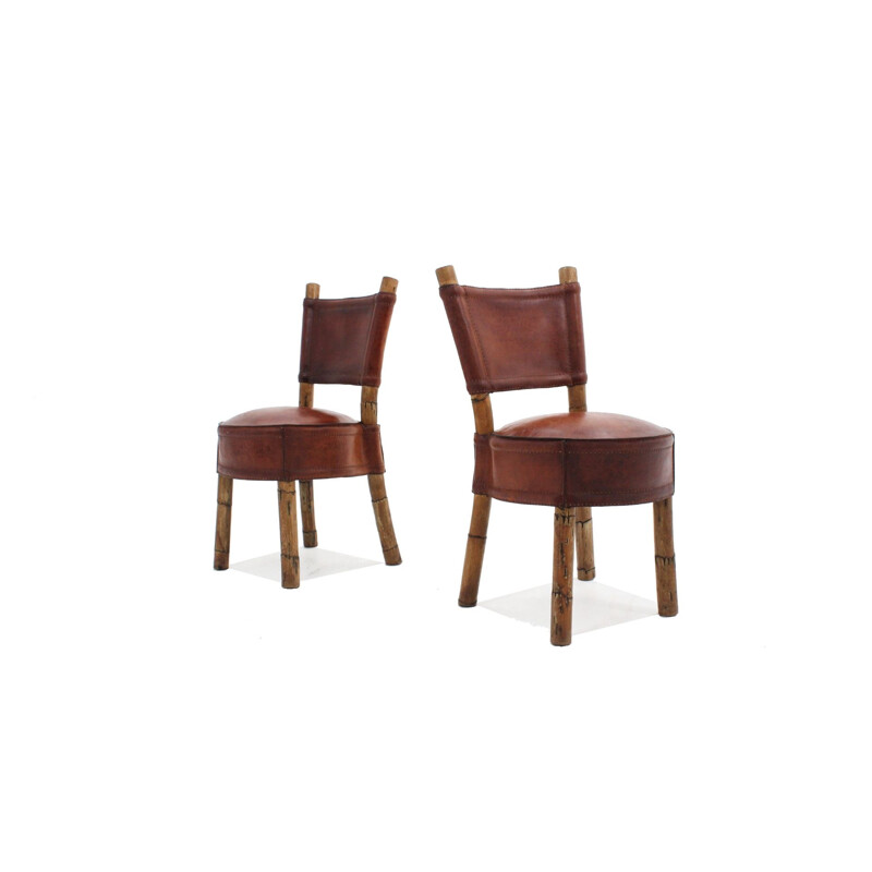 Set of 2 Vintage leather and rattan chairs