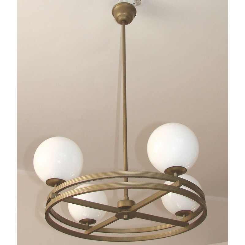Vintage Art deco chandelier in brass and glass, 1930s