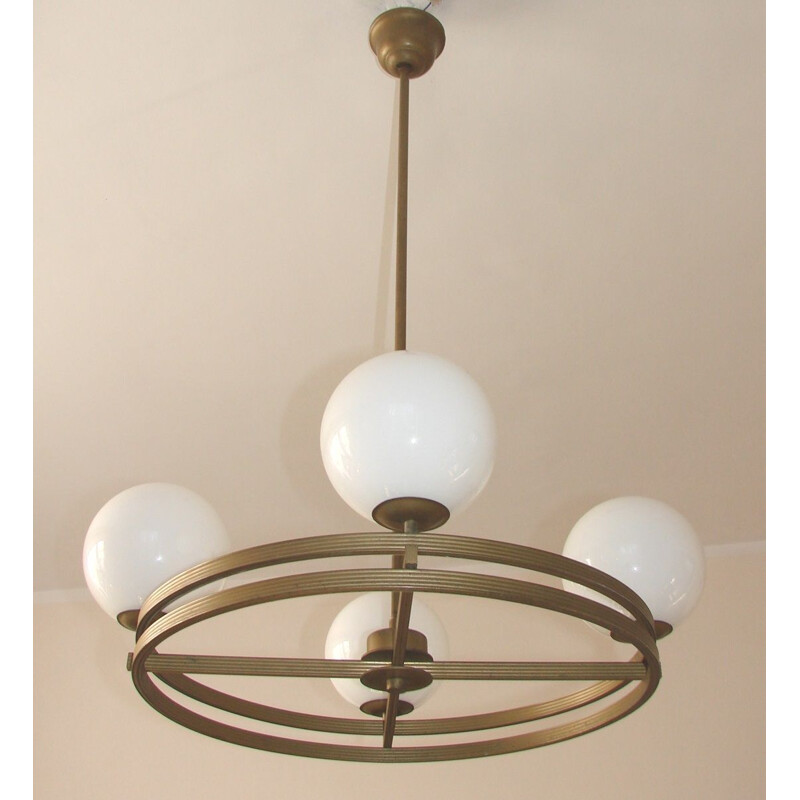 Vintage Art deco chandelier in brass and glass, 1930s