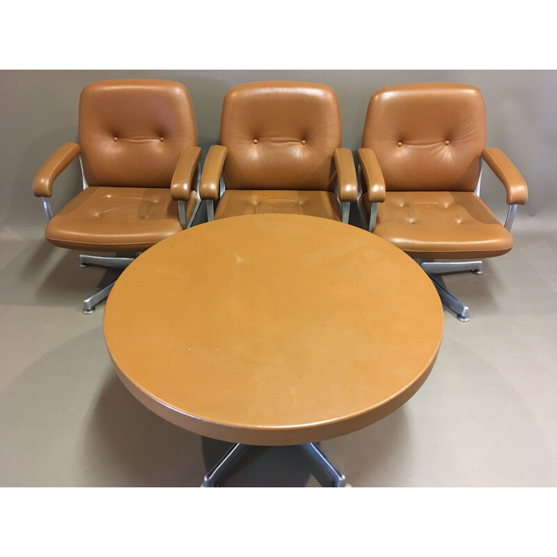 Ensemble 5 fauteuils et sa table vintage en cuir, 1950