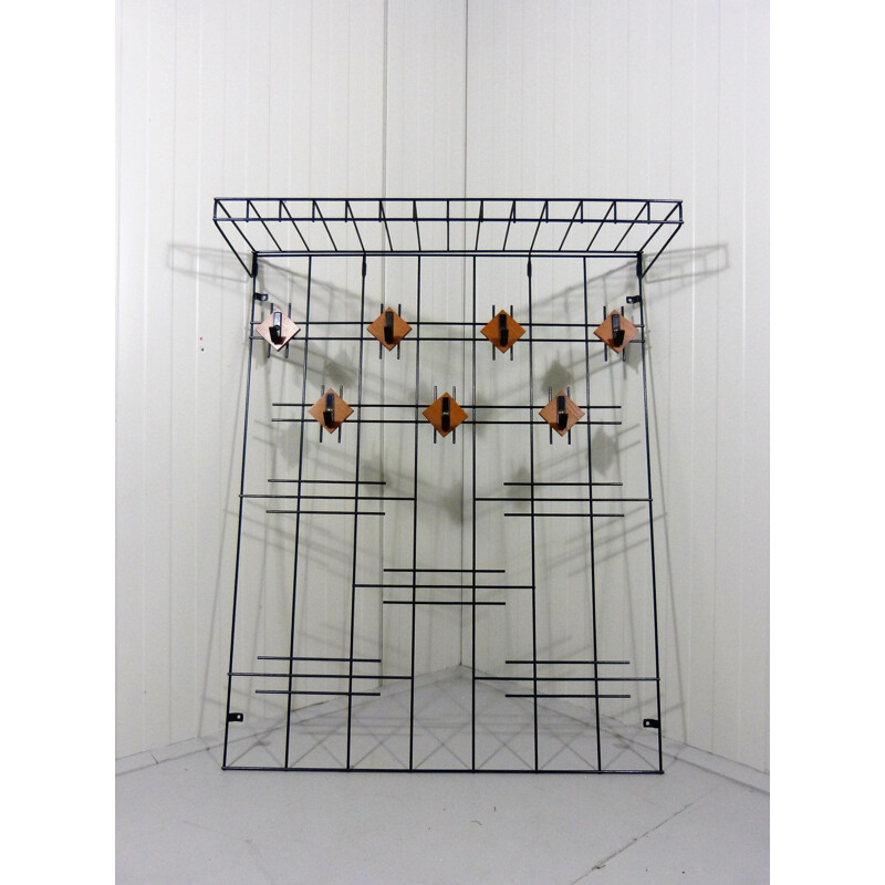 Black wire steel and wooden vintage wall coat rack with hat shelf, 1960s