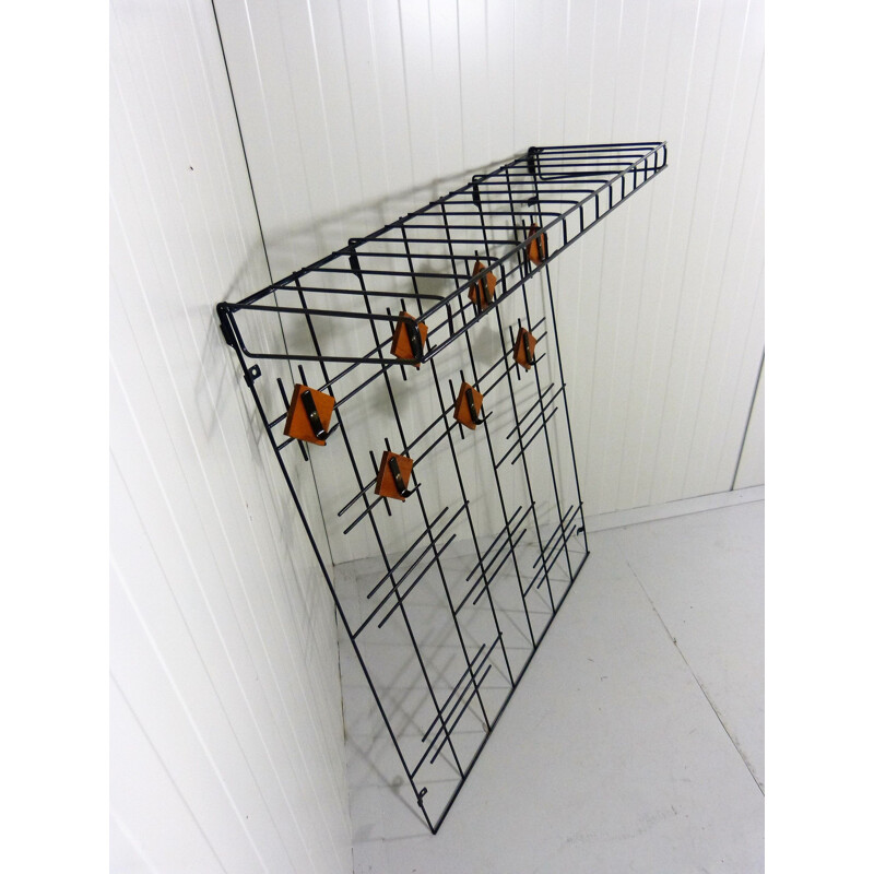 Black wire steel and wooden vintage wall coat rack with hat shelf, 1960s
