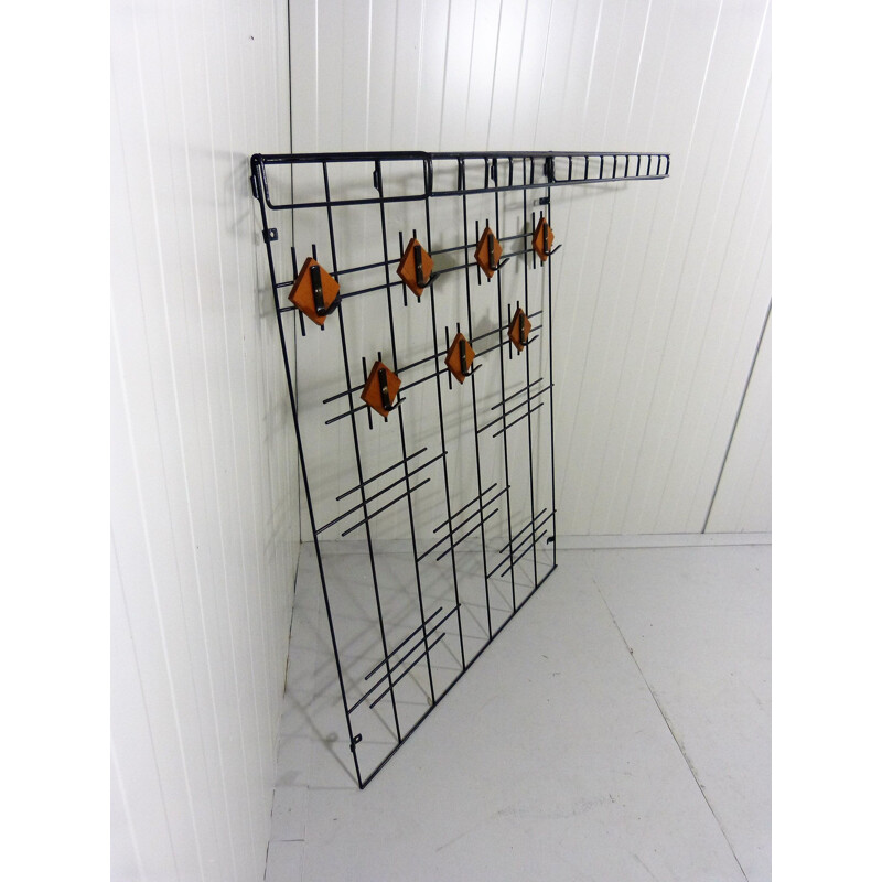 Black wire steel and wooden vintage wall coat rack with hat shelf, 1960s