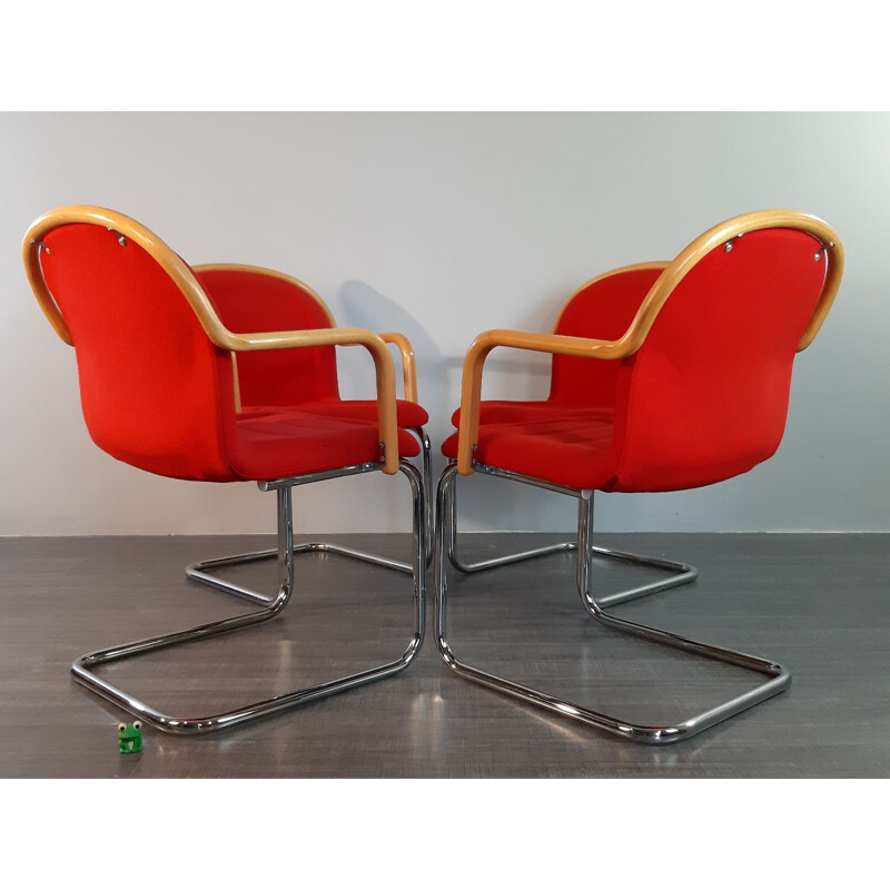 Set of 4 vintage cantilever chairs in beech, metal and red fabric, 1970s