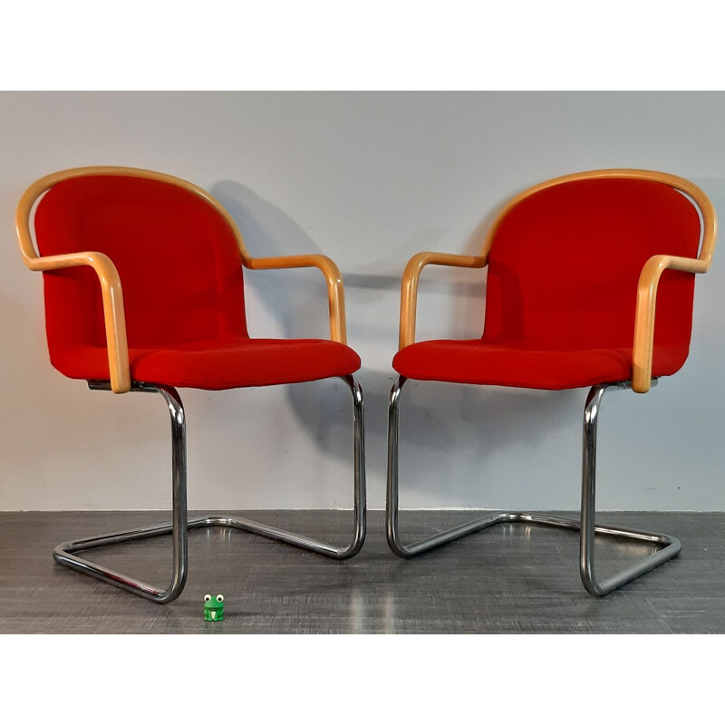 Set of 4 vintage cantilever chairs in beech, metal and red fabric, 1970s
