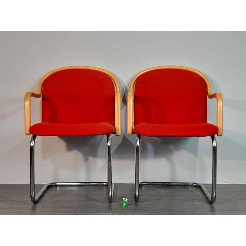 Set of 4 vintage cantilever chairs in beech, metal and red fabric, 1970s