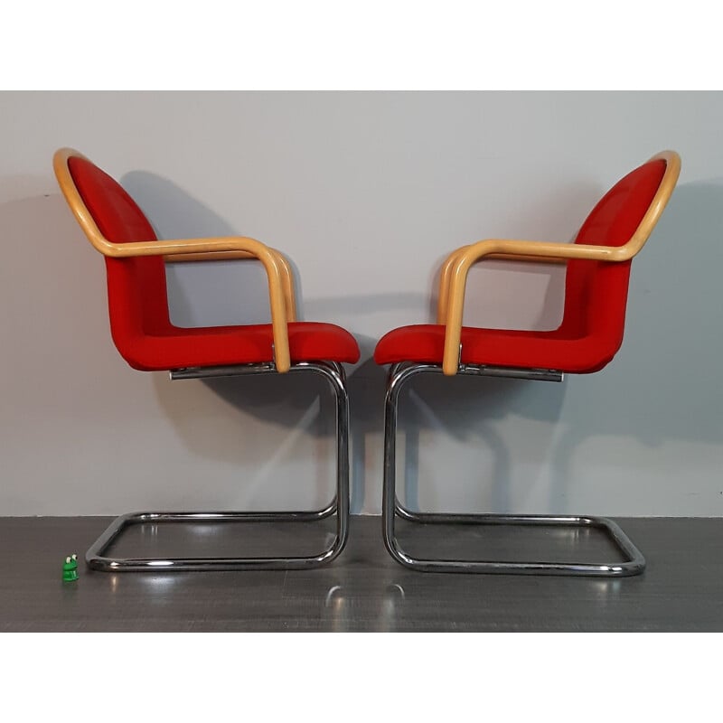 Set of 4 vintage cantilever chairs in beech, metal and red fabric, 1970s