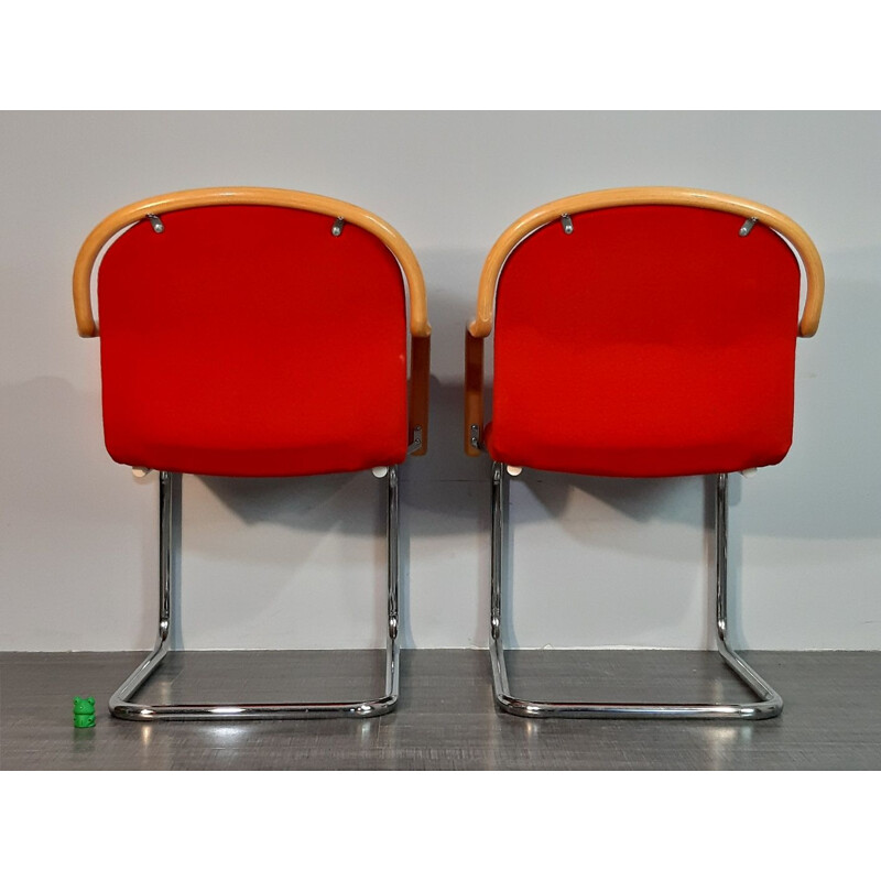 Set of 4 vintage cantilever chairs in beech, metal and red fabric, 1970s