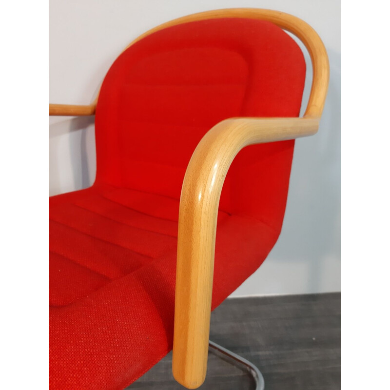 Set of 4 vintage cantilever chairs in beech, metal and red fabric, 1970s