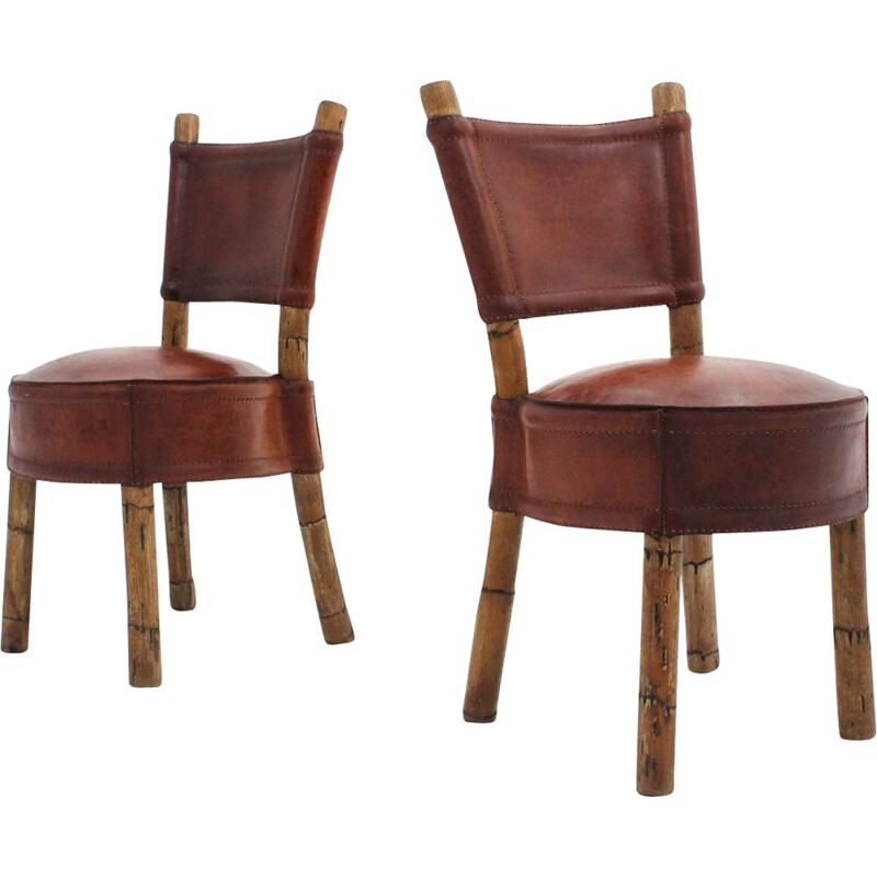 Set of 2 Vintage leather and rattan chairs