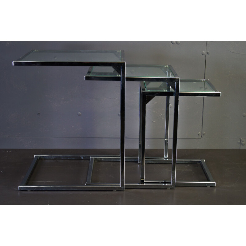 Chrome square vintage nesting tables with glasstop