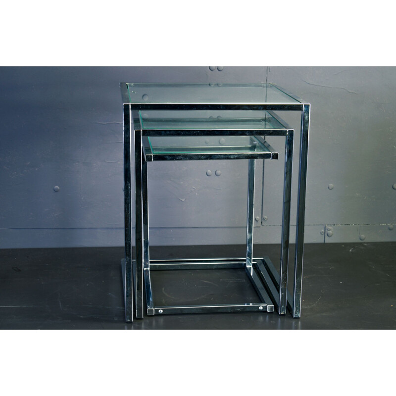 Chrome square vintage nesting tables with glasstop