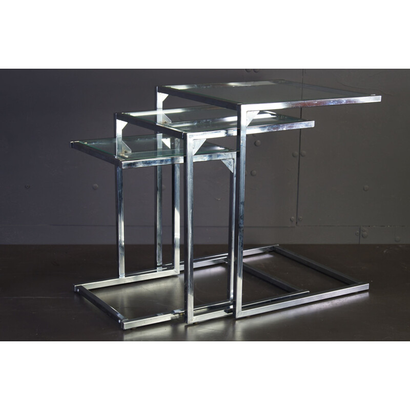 Chrome square vintage nesting tables with glasstop