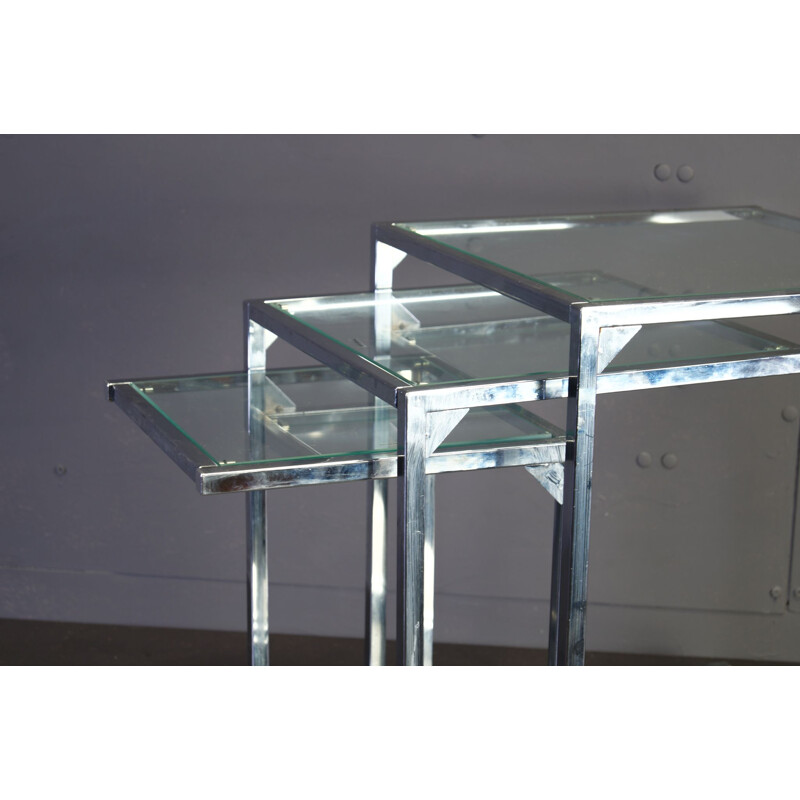 Tables gigognes vintage carrées en chrome avec plateau en verre
