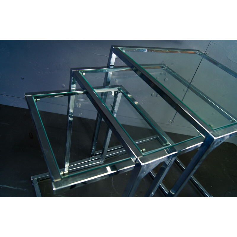 Chrome square vintage nesting tables with glasstop